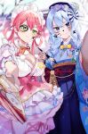  2girls absurdres aya02ka bare_tree blue_eyes blue_hair blue_kimono blurry blurry_background braid breasts commentary_request cowboy_shot facial_mark fishnet_gloves fishnets gloves green_eyes hagoita hair_rings highres holding holding_paddle holding_paintbrush hololive hoshimachi_suisei hoshimachi_suisei_(new_year) japanese_clothes kimono large_breasts leg_ribbon light_blue_hair lolita_fashion maid_headdress medium_hair multiple_girls name_tag obi paddle paintbrush pink_hair pink_ribbon pink_skirt ribbon sakura_miko sakura_miko_(new_year) sash skirt sleeveless sleeveless_kimono smile table_tennis_paddle thigh_ribbon torii tree twin_braids virtual_youtuber wa_lolita white_kimono 