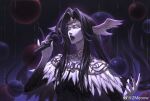  1girl alternate_form bird_wings black_background black_hair black_lips black_nails capelet circlet colored_skin feather-trimmed_capelet feather_trim feathered_wings film_grain final_fantasy final_fantasy_xiv fingernails floating_hair hair_intakes head_wings holding holding_microphone long_hair looking_ahead microphone multiple_wings music open_mouth orb sharp_fingernails singing slit_pupils solo the_endsinger upper_body weibo_logo weibo_username white_capelet white_skin wings yellow_eyes zmeoow 