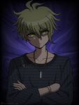  1boy amami_rantaro antenna_hair artist_name closed_mouth collarbone crossed_arms danganronpa_(series) danganronpa_v3:_killing_harmony earrings green_eyes hair_between_eyes jewelry male_focus messy_hair multicolored_background necklace shirt short_hair solo striped striped_shirt suiren_yurei upper_body 