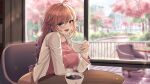  1girl :d ahoge arm_under_breasts benevolent_leanne black_bra blurry blurry_background blush bra bra_visible_through_clothes breasts brown_hair building cafe chair cherry_blossoms cityscape coffee cup day from_side hand_up highres holding holding_cup indoors jacket large_breasts last_origin leaning_forward leaning_on_object leaning_on_table lens_flare long_hair long_sleeves looking_at_viewer looking_to_the_side multicolored_eyes open_clothes open_jacket open_mouth pink_shirt pinkmarine railing round_table see-through see-through_shirt shirt sitting smile solo steam sunlight swept_bangs table teeth tongue tree underwear upper_body upper_teeth_only white_jacket window wooden_table 
