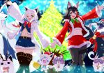  2girls absurdres ahoge animal_ear_fluff animal_ears belt blue_shirt blue_shorts blurry blurry_background blush boots braid christmas christmas_tree commentary_request crop_top earrings fox_ears fox_girl fox_tail fubuzilla_(shirakami_fubuki) fur-trimmed_jacket fur-trimmed_shirt fur-trimmed_shorts fur-trimmed_skirt fur_trim green_eyes hair_between_eyes hatotaurus_(ookami_mio) highres holding_hands hololive jacket jewelry light_particles long_hair looking_at_viewer midriff miofa_(ookami_mio) miteiru_(shirakami_fubuki) multiple_girls navel one_eye_closed ookami_mio open_clothes open_jacket open_mouth outstretched_arms pantyhose red_jacket red_shirt red_skirt shirakami_fubuki shirt shorts sidelocks single_braid skirt sukonbu_(shirakami_fubuki) tail tail_around_own_leg thigh_boots user_dypn8323 virtual_youtuber white_hair white_jacket wolf_ears wolf_girl wolf_tail 