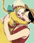  1boy 1girl ^_^ affectionate apis_(one_piece) black_hair blonde_hair braid braided_ponytail closed_eyes green_background green_ribbon hat highres hug mayo_may63 monkey_d._luffy one_piece red_shirt ribbon scar scar_on_face shirt short_hair sidelocks sleeveless sleeveless_shirt smile straw_hat tunic yellow_tunic 