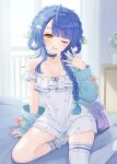  1girl absurdres amamiya_kokoro amamiya_kokoro_(6th_costume) bare_shoulders blue_choker blue_hair blue_jacket blue_shirt blue_shorts blue_socks blue_thighhighs blunt_bangs braided_hair_rings choker cloud_hair_ornament collarbone commentary_request dot_nose flat_chest frilled_shirt frills hair_ornament hand_up heart heart_print highres indoors jacket jacket_partially_removed long_sleeves looking_at_viewer loungewear nijisanji off-shoulder_shirt off_shoulder on_bed one_eye_closed open_mouth pajamas parted_bangs plant potted_plant shirt shorts single_sock single_thighhigh sitting sleepwear socks solo thighhighs thighs tri_braids virtual_youtuber x_hair_ornament yellow_eyes yokozuwari yukiunag1 