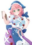  1girl apron blue_apron blue_dress blue_headwear clipboard dress green_eyes holding holding_clipboard holding_pencil looking_at_viewer okunoda_miyoi pencil pink_hair rururiaru short_hair short_sleeves simple_background smile solo touhou whale_hat white_background 