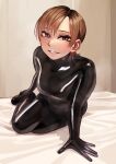  1girl absurdres arm_support bed_sheet black_bodysuit bodysuit breasts brown_eyes brown_hair full_body hand_on_own_foot highres kilye_kairi latex latex_bodysuit looking_at_viewer on_bed original parted_lips skin_tight smile solo 