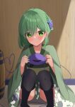  1girl absurdres alternate_costume black_thighhighs blue_flower blurry blurry_background blush closed_mouth commentary_request eyes_visible_through_hair feet_out_of_frame fingernails floral_print flower green_eyes green_hair green_kimono green_nails hair_between_eyes hair_flower hair_ornament heart heart_of_string highres holding_eyeball indoors japanese_clothes kanzashi kimono kirisame_oreo komeiji_koishi long_fingernails long_sleeves looking_at_viewer medium_hair nail_polish no_headwear sidelighting smile solo split_mouth squatting thighhighs thighs third_eye touhou wide_sleeves 