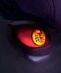  1boy absurdres artist_name close-up colored_sclera colored_skin commentary crain1art english_commentary eye_focus furrowed_brow highres kimetsu_no_yaiba looking_ahead male_focus purple_skin red_sclera solo text_in_eyes yellow_eyes zohakuten_(kimetsu_no_yaiba) 