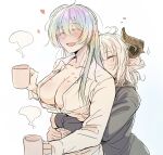  2girls bite_mark bite_mark_on_shoulder black_jacket blush breasts cleavage closed_eyes collarbone collared_shirt cup cupitan_(granblue_fantasy) granblue_fantasy grey_hair heart hickey highres holding holding_cup horns hug hug_from_behind jacket jingo_kajiki large_breasts long_hair long_sleeves multicolored_hair multiple_girls partially_unbuttoned rainbow_hair shirt short_hair sidelocks sleep_bubble standing steam tristette_(granblue_fantasy) upper_body white_background white_shirt yuri 