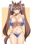  1girl alternate_costume animal_ears bare_shoulders bikini blue_bikini border breasts brown_background brown_hair cleavage cowboy_shot daiwa_scarlet_(umamusume) hair_between_eyes hair_intakes highres horse_ears horse_girl horse_tail huge_breasts kagemusha large_breasts long_hair looking_at_viewer midriff navel purple_eyes simple_background smile solo swimsuit tail tiara twintails umamusume very_long_hair white_border 