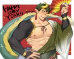  1boy 2024 abs bara bare_pectorals blush chinese_zodiac curled_horns dragon_boy dragon_ears dragon_horns dragon_tail earrings eyebrow_cut fur-tipped_tail gradient_kimono hadanugi_dousa handheld_fan happy_new_year head_tilt highres horns huge_pectorals igote japanese_clothes jewelry kimono large_pectorals looking_at_viewer male_focus mature_male muscular muscular_male navel nipples original pectorals pointy_ears rio_mukiniki scar scar_on_face scar_on_nose solo tail thick_eyebrows upper_body year_of_the_dragon 