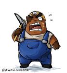 animal_crossing anthro armor bodily_fluids brown_body clothing eulipotyphlan hard_hat headgear helmet low_res male mammal marimosgoldfish mole_(animal) mr._resetti nintendo open_mouth overalls overweight overweight_male shirt simple_background solo sweat topwear white_background