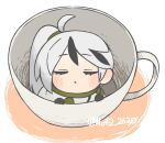  1boy ahoge black_gloves cape closed_eyes cup facing_viewer gloves in_container in_cup library_of_ruina mini_person miniboy moribe_denkou multicolored_hair parted_lips project_moon simple_background solo streaked_hair teacup white_background white_cape yan_vismok 