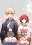  1boy akirarec arima_kana black_kimono blonde_hair blue_eyes bob_cut closed_mouth highres hoshino_aquamarine inverted_bob japanese_clothes kimono looking_at_viewer oshi_no_ko red_eyes red_hair short_hair sitting smile white_kimono 