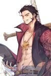  1boy black_hair cross cross_necklace cross_pendant dracule_mihawk facial_hair hair_slicked_back hat highres holding jewelry jyukawa looking_at_viewer male_focus mustache necklace one_piece open_clothes yellow_eyes 