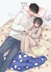  1boy 1girl bed_sheet black_hair commentary_request couple denim full_body hair_over_eyes height_difference hetero hood hoodie jeans lying manga_(object) on_back original pajamas pants pillow sekiya_asami short_hair sketch translation_request white_hoodie 