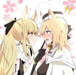  2girls absurdres akabeko123 animal_ear_fluff animal_ears arknights aunt_and_niece blemishine_(arknights) blonde_hair blue_eyes blush bow eye_contact hair_bow heart highres horse_ears horse_girl long_hair looking_at_another multiple_girls open_mouth ponytail smile sparkle upper_body whislash_(arknights) yellow_eyes yuri 