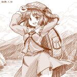  1girl :d arm_behind_back backpack bag cloud commentary_request cowboy_shot dated flat_cap greyscale hair_bobbles hair_ornament hat kawashiro_nitori key long_sleeves looking_at_viewer monochrome mountainous_horizon nokimenayu open_mouth outdoors shirt sketch skirt smile solo teeth touhou two_side_up upper_teeth_only 