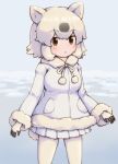  1girl animal_ears bear_ears bear_girl bear_tail black_eyes coat extra_ears gloves grey_hair highres kemono_friends looking_at_viewer outdoors pantyhose polar_bear_(kemono_friends) short_hair skirt snow solo tail white_coat white_pantyhose white_skirt zzz_ansh 