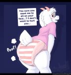 anthro asriel_dreemurr blush bovid caprine clothing dialogue diaper diaper_puff english_text eyewear fur glasses goat hi_res horn imminent_facesitting looking_at_viewer looking_back male mammal shadyadi shirt shy solo talking_to_viewer text topwear undertale undertale_(series) white_body white_fur