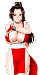  1girl bad_source bare_shoulders blush breasts brown_eyes brown_hair cleavage high_ponytail japanese_clothes large_breasts long_hair looking_at_viewer mokkouyou_bond ninja pelvic_curtain ponytail revealing_clothes rope shiranui_mai sleeveless smile snk solo sweat the_king_of_fighters thighs 