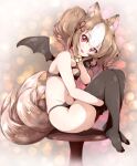  1girl :d animal_ear_fluff animal_ears bare_arms bare_shoulders bell black_bra black_gloves black_panties black_thighhighs blurry bokeh bra breasts brown_hair choker demon_wings depth_of_field fetal_position fox_ears fox_tail from_side full_body gloves groin hair_between_eyes hugging_own_legs jingle_bell legs looking_at_viewer looking_to_the_side medium_hair multicolored_hair multiple_tails navel neck_bell no_shoes panties red_eyes revealing_clothes sekka_(shadowverse) shadowverse short_twintails sideways_glance sitting small_breasts smile solo stool tail teeth thighhighs twintails two-tone_hair underwear upper_teeth_only wings yuzukiaz 