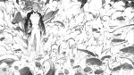  12v 1boy arms_at_sides bodysuit covered_eyes debris explosion floating_clothes floating_hair greyscale hair_over_eyes highres long_hair male_focus monochrome original solo standing waist_cape 