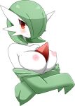  1girl blush bob_cut breasts closed_mouth clothes_pull collarbone colored_skin commentary_request crossed_arms gardevoir green_hair green_shirt hair_over_one_eye happy large_breasts long_sleeves looking_at_viewer nipples one_eye_covered partial_commentary pokemon pokemon_(creature) red_eyes shirt shirt_pull short_hair simple_background smile solo split_mouth upper_body white_background white_skin yunicon 