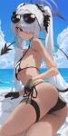  1girl absurdres ass beach bikini black_bikini black_footwear blue_archive blue_sky breasts bubble99 closed_mouth cloud cowboy_shot dark-skinned_female dark_skin demon_tail expressionless eyewear_on_head grey_hair hair_over_one_eye halo highres iori_(blue_archive) iori_(swimsuit)_(blue_archive) long_hair looking_at_viewer multi-strapped_bikini_bottom official_alternate_costume outdoors pointy_ears red_eyes side-tie_bikini_bottom sky small_breasts solo sunglasses swimsuit tail thighs twintails v-shaped_eyebrows 