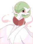  1girl bare_shoulders blush bob_cut closed_mouth colored_skin commentary_request dress elbow_gloves gardevoir gloves green_hair hair_over_one_eye happy highres long_dress looking_at_viewer mega_gardevoir mega_pokemon one_eye_covered own_hands_together partial_commentary pokemon pokemon_(creature) red_eyes short_hair simple_background smile solo strapless strapless_dress suzu_(pixiv_32232702) v_arms white_background white_dress white_gloves white_skin 