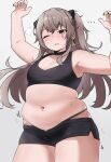  1girl amogan blush breasts brown_hair commission cowboy_shot girls&#039;_frontline highres long_hair looking_at_viewer navel navel_piercing one_eye_closed open_mouth piercing pixiv_commission plump pubic_hair shorts simple_background solo thick_thighs thighs ump45_(girls&#039;_frontline) 