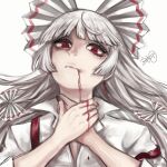  1girl absurdres blood blood_from_mouth bow closed_mouth collared_shirt fujiwara_no_mokou hair_bow hands_on_own_neck highres kyogoku-uru large_bow long_hair long_sleeves looking_at_viewer nail_polish red_eyes red_nails shirt signature simple_background solo suspenders touhou upper_body white_background white_bow white_hair white_shirt 