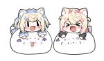  &gt;_&lt; 2girls absurdres animal_ear_fluff animal_ears bandaid bandaid_hair_ornament blonde_hair blue_hair blush_stickers chibi commentary_request dog_ears dog_girl dog_tail fake_horns fuwawa_abyssgard hair_ornament hairclip highres hololive hololive_english horns korean_commentary light_blue_hair long_hair lying mococo_abyssgard multicolored_hair multiple_girls on_stomach open_mouth pink_hair short_hair simple_background smile snowmya streaked_hair tail virtual_youtuber white_background x_hair_ornament |_| 