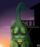 absurd_res anthro big_breasts bikini blue_head blue_markings breasts building chubby_female clothing cloud dinosaur eyes_closed female green_body hi_res humanoid light lindwormduality long_neck markings morning navel nipple_outline reptile sauropod scalie solo star sunlight swimwear