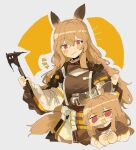  1girl animal_ears arknights axe blush brown_hair ceobe_(arknights) chibi cowboy_shot highres holding holding_axe long_hair odmised open_mouth red_eyes simple_background solo 