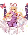 1girl absurdres blonde_hair bow closed_mouth dress gap_(touhou) hair_bow hand_fan hat hat_ribbon highres holding holding_fan kayu_(553917372) light_smile long_hair looking_at_viewer mob_cap purple_eyes purple_tabard red_bow red_ribbon ribbon shirt simple_background solo tabard touhou white_background white_dress white_headwear white_shirt yakumo_yukari 