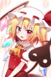  1girl ascot blonde_hair cowboy_shot crystal flandre_scarlet haiiro_(immature) hat medium_hair mob_cap open_mouth red_eyes solo touhou yellow_ascot 