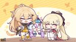  3girls benghuai_xueyuan blonde_hair chibi copyright_name gradient_hair grey_hair hair_ornament hairclip highres honkai_(series) karin_(benghuai_xueyuan) laniaitte_gordius_de_eumenes_(benghuai_xueyuan) long_hair multicolored_hair multiple_girls official_art scarf second-party_source simple_background smile tiara_starlumos_(benghuai_xueyuan) 