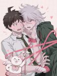  2boys :d ahoge blush blush_stickers boleum_(dgrpluna) bow brown_hair danganronpa_(series) danganronpa_2:_goodbye_despair ear_bow green_necktie grey_hair grey_shirt hair_between_eyes heart highres hinata_hajime holding holding_staff komaeda_nagito layered_skirt long_sleeves male_focus multiple_boys necktie pink_bow pink_ribbon pink_skirt ribbon shirt short_hair short_sleeves skirt smile staff sweat usami_(danganronpa) yaoi 