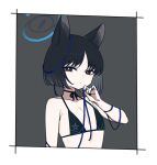  1girl animal_ears bare_arms bare_shoulders bikini black_bikini black_eyes black_hair blue_archive blue_halo breasts cat_ears chan_co closed_mouth collarbone halo kikyou_(blue_archive) looking_at_viewer short_hair small_breasts solo swimsuit upper_body 