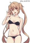  1girl absurdres bikini black_bikini breasts highres kantai_collection light_brown_hair long_hair lowleg lowleg_bikini murasame_(kancolle) one-hour_drawing_challenge orange_eyes simple_background small_breasts smile solo strapless strapless_bikini swimsuit the_second_form twitter_username very_long_hair waving white_background 