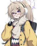  1girl absurdres backpack bag black-framed_eyewear black_gloves blonde_hair blue_archive blush earmuffs glasses gloves halo highres jacket kotama_(blue_archive) kotama_(camp)_(blue_archive) long_hair long_sleeves looking_at_viewer okayusonmu open_clothes open_jacket open_mouth purple_eyes purple_halo scarf simple_background smile solo upper_body white_background white_scarf yellow_jacket 