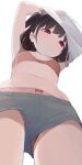  1girl blush bra breasts brown_hair closed_mouth commentary_request from_below grey_shorts highres hiroki_(yyqw7151) original panties panties_under_shorts pink_panties purple_eyes red_bra red_panties shirt shorts simple_background small_breasts solo thighs underwear undressing white_background white_shirt 