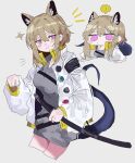  1girl absurdres animal_ears arknights cat_ears cat_girl cat_tail character_request chibi cowboy_shot grey_hair highres jacket katana odmised purple_eyes simple_background smile solo sparkle sword tail weapon white_background white_jacket 