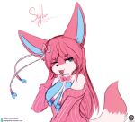 absurd_res anthro blue_clothing blue_eyes blue_shirt blue_topwear clothing eeveelution female fur generation_6_pokemon hair hi_res jacket nintendo pink_clothing pink_hair pink_jacket pink_tail pink_topwear pokemon pokemon_(species) senz shirt smug_face solo sylv_(sylv_ink) sylveon tail topwear white_body white_fur