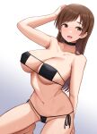  1girl bikini black_bikini black_choker breasts brown_hair choker cleavage collarbone gradient_background groin highres idolmaster idolmaster_cinderella_girls kneeling large_breasts long_hair looking_at_viewer navel nitta_minami side-tie_bikini_bottom simple_background solo stomach sweat swimsuit thong_bikini tomajiyama very_long_hair 