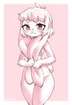 2023 anthro areola blush borvar breasts digital_media_(artwork) female fur hair hand_on_ear hi_res lagomorph leporid long_ears looking_at_viewer mammal nude rabbit short_hair simple_background solo white_body white_fur white_hair wide_hips