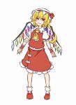  1girl ascot blonde_hair fang flandre_scarlet frilled_ascot frilled_shirt_collar frilled_skirt frills full_body hat hat_ribbon head_tilt highres long_hair looking_at_viewer mob_cap multicolored_wings one-hour_drawing_challenge one_side_up open_mouth puffy_short_sleeves puffy_sleeves red_eyes red_footwear red_ribbon red_skirt red_vest ribbon shirt shoes short_sleeves simple_background skin_fang skirt sleeve_ribbon socks solo standing touhou vest watanukimurama white_background white_headwear white_shirt white_socks wings wrist_cuffs yellow_ascot 