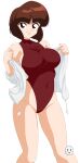  1girl absurdres breasts brown_eyes brown_hair caisamax highleg highleg_swimsuit highres jacket large_breasts looking_at_viewer one-piece_swimsuit ranma_1/2 short_hair simple_background smile swimsuit tendou_nabiki white_background 