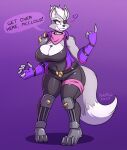 &lt;3 2019 anthro big_breasts biped breasts canid canine canis clothing crossgender english_text eye_patch eyewear female fingerless_gloves fur gloves grey_body grey_fur handwear hi_res mammal mtf_crossgender nintendo pose purple_background shaw simple_background smile solo speech_bubble star_fox text whitehair wolf wolf_o&#039;donnell
