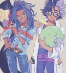  1boy 1girl :d belt black-framed_eyewear blue_shirt blush brown_belt coat collared_shirt commentary_request dark-skinned_female dark_skin denim eyelashes glasses grey_eyes gulpin hair_ornament hand_on_own_hip hand_up highres holding holding_pokemon jacq_(pokemon) jeans key keyring komasawa_(fmn-ppp) open_clothes open_coat open_mouth pants pointing pokemon pokemon_(creature) pokemon_sv raifort_(pokemon) semi-rimless_eyewear seviper shirt sleeves_rolled_up smile sweatdrop teeth upper_teeth_only white_coat yellow-framed_eyewear 